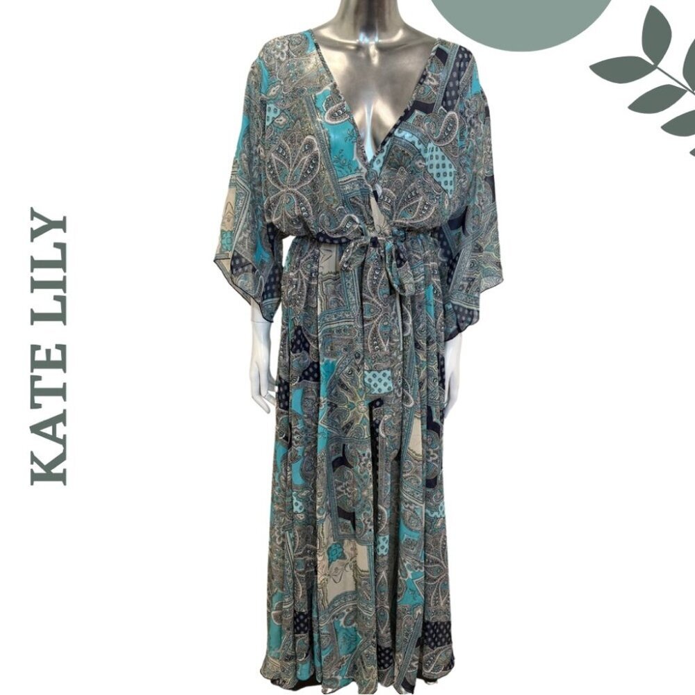 Kate Lily Blue Teal Paisley Print Kimono Dress | Bohemian Vibes | Tie Waist 14